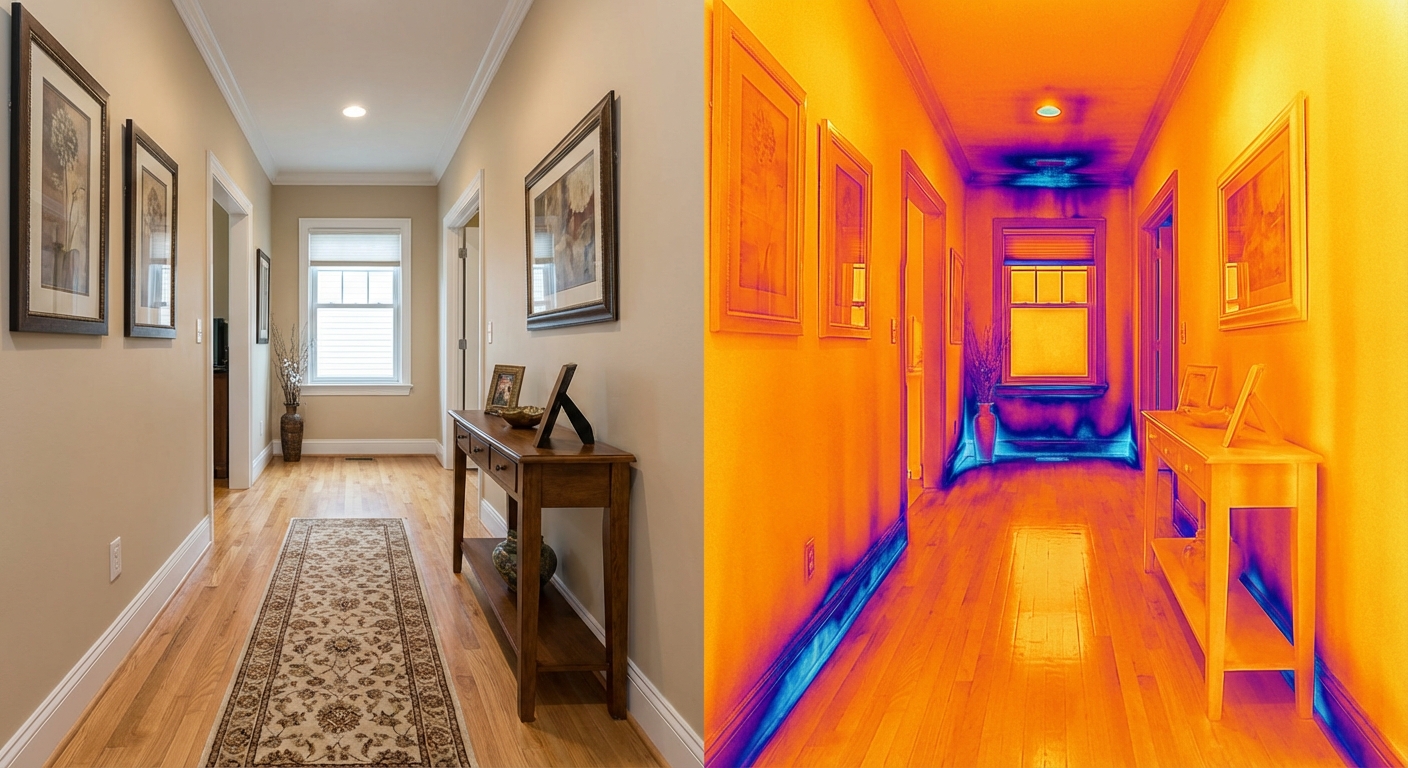 Split-view comparison showing normal photograph and infrared thermal image revealing hidden moisture damage